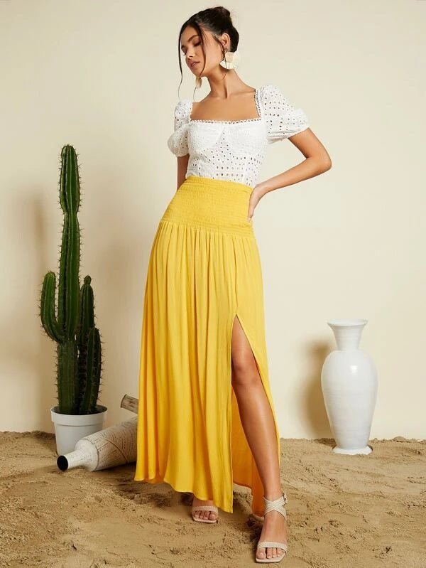 CM-BS627114 Women Trendy Bohemian Style Shirred Waist Split Thigh Skirt - Yellow