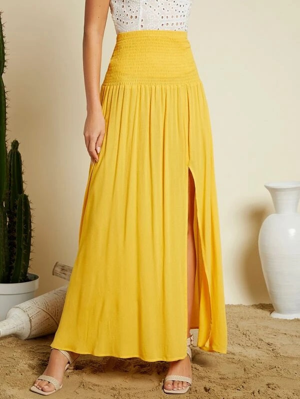 CM-BS627114 Women Trendy Bohemian Style Shirred Waist Split Thigh Skirt - Yellow