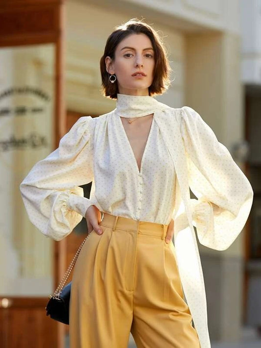 CM-TS715551 Women Elegant Seoul Style Lantern Sleeve Polka Dot Blouse With Scarf