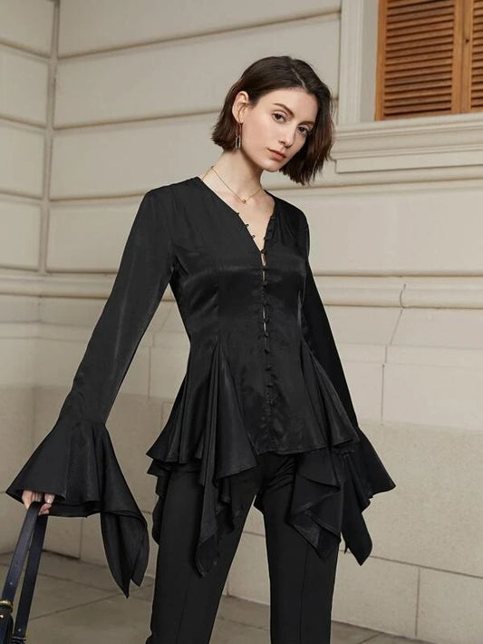 CM-TS785807 Women Elegant Seoul Style Flounce Sleeve Button Front Blouse - Black