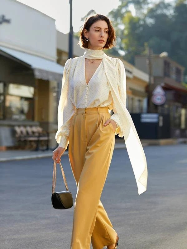 CM-TS715551 Women Elegant Seoul Style Lantern Sleeve Polka Dot Blouse With Scarf