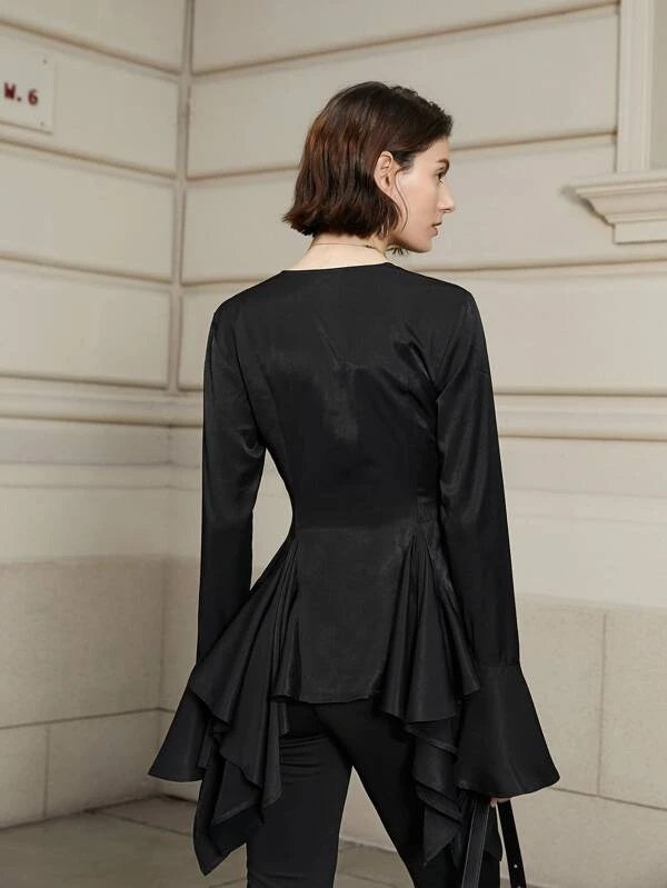 CM-TS785807 Women Elegant Seoul Style Flounce Sleeve Button Front Blouse - Black