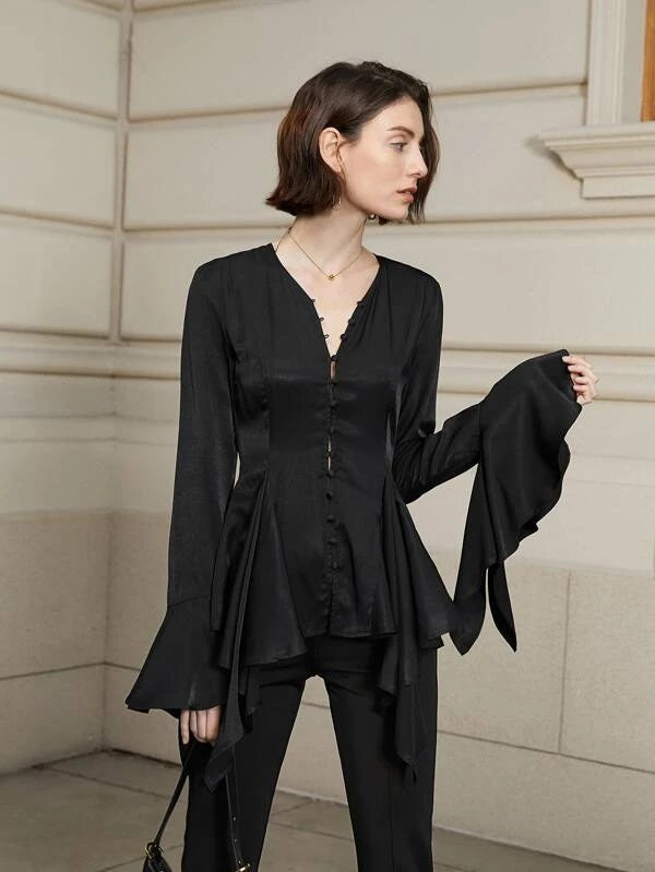 CM-TS785807 Women Elegant Seoul Style Flounce Sleeve Button Front Blouse - Black