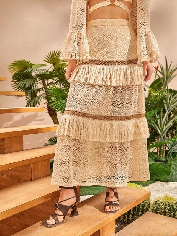 CM-BS340124 Women Trendy Bohemian Style High Waist Fringe Trim Eyelet Skirt - Apricot