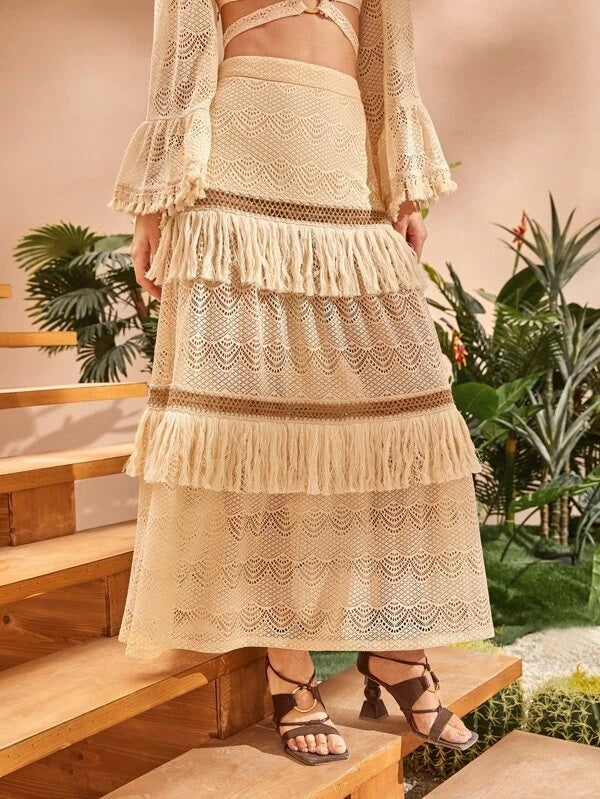 CM-BS340124 Women Trendy Bohemian Style High Waist Fringe Trim Eyelet Skirt - Apricot