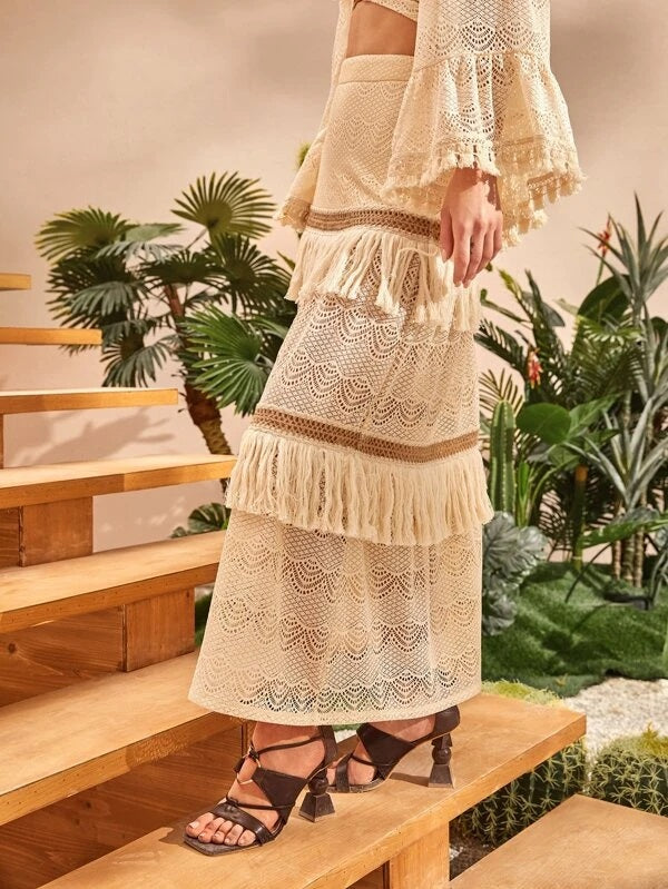 CM-BS340124 Women Trendy Bohemian Style High Waist Fringe Trim Eyelet Skirt - Apricot