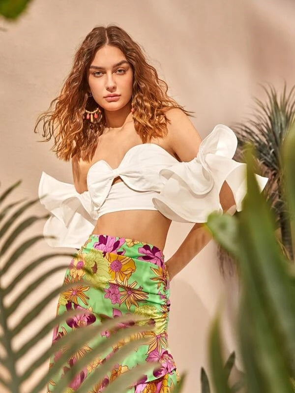 CM-TS224537 Women Trendy Bohemian Style Off Shoulder Cut-out Exaggerated Ruffle Crop Top