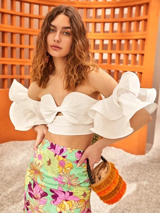 CM-TS224537 Women Trendy Bohemian Style Off Shoulder Cut-out Exaggerated Ruffle Crop Top