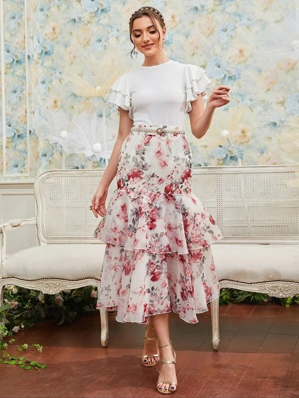 CM-BS727071 Women Elegant Seoul Style Floral Print Layered Ruffle Hem Skirt
