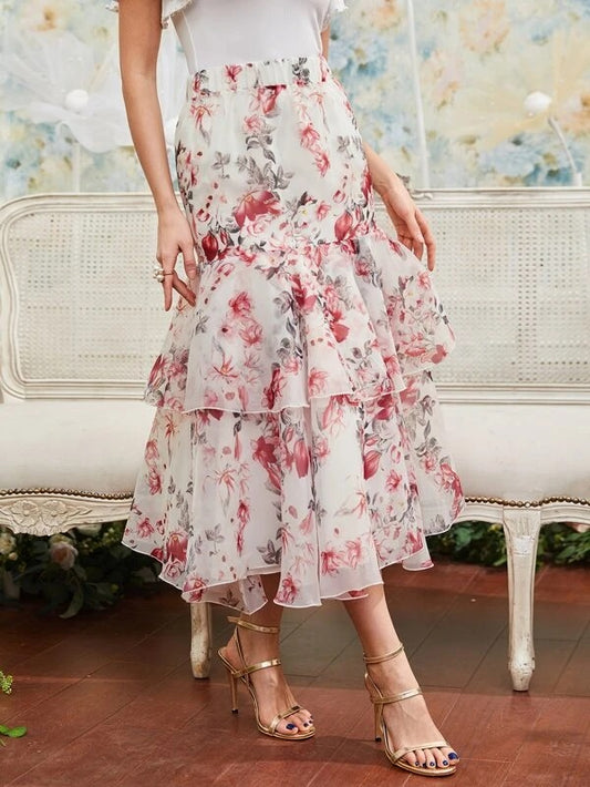 CM-BS727071 Women Elegant Seoul Style Floral Print Layered Ruffle Hem Skirt