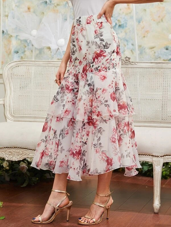 CM-BS727071 Women Elegant Seoul Style Floral Print Layered Ruffle Hem Skirt