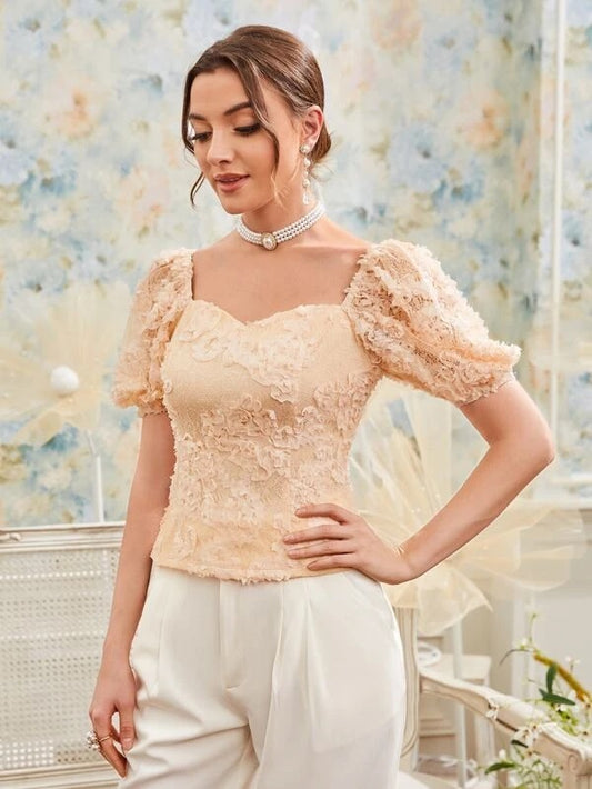 CM-TS600133 Women Elegant Seoul Style Applique Sweetheart Neck Top - Apricot