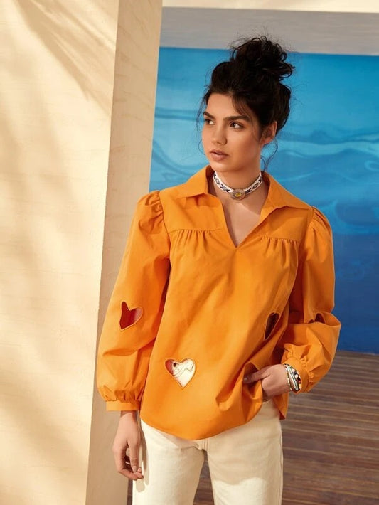 CM-TS045498 Women Casual Seoul Style Heart Cutout Collared Lantern Sleeve Top