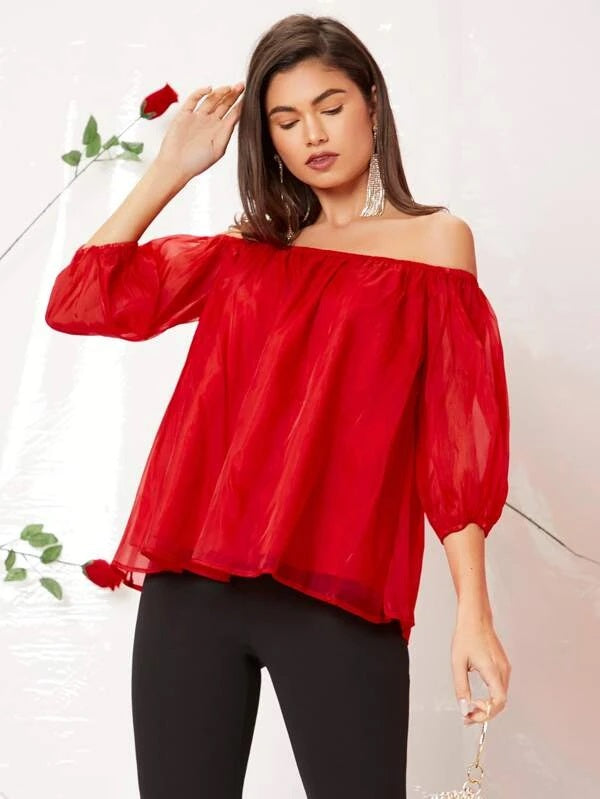 CM-TS217282 Women Casual Seoul Style Off The Shoulder Bishop Sleeve Top - Red
