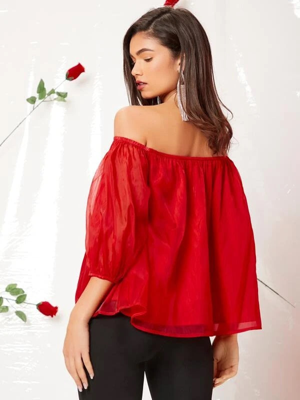 CM-TS217282 Women Casual Seoul Style Off The Shoulder Bishop Sleeve Top - Red