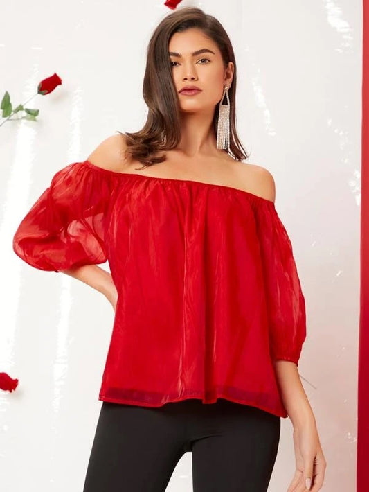 CM-TS217282 Women Casual Seoul Style Off The Shoulder Bishop Sleeve Top - Red