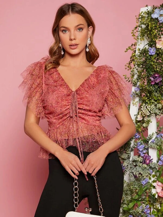CM-TS131135 Women Elegant Seoul Style Ditsy Floral Print Ruched Bust Mesh Blouse