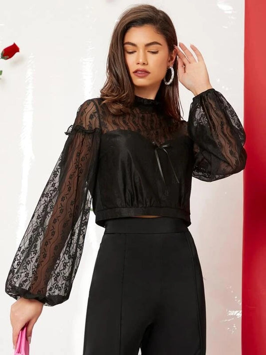 CM-TS875299 Women Elegant Seoul Style Lace Lantern Sleeve Tie Back Top - Black