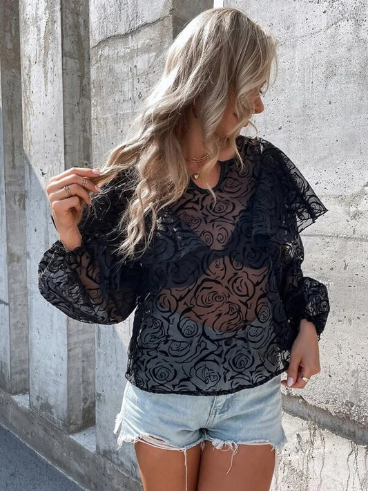 CM-TS735613 Women Casual Seoul Style Lantern Sleeve Ruffle Trim Organza Blouse - Black