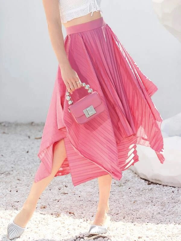 CM-BS803517 Women Casual Seoul Style Zipper Back Hanky Hem Pleated Skirt - Pink