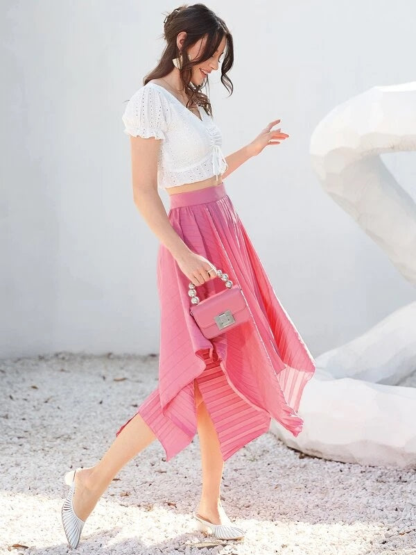 CM-BS803517 Women Casual Seoul Style Zipper Back Hanky Hem Pleated Skirt - Pink