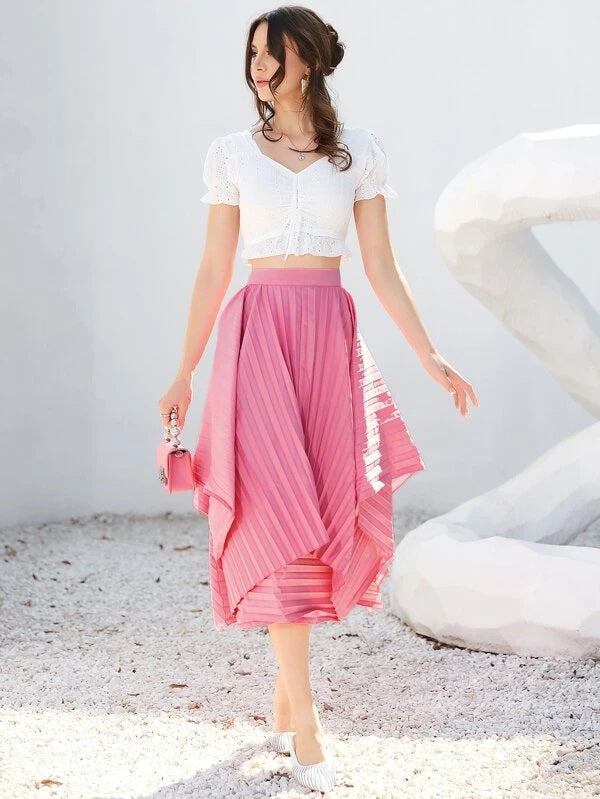 CM-BS803517 Women Casual Seoul Style Zipper Back Hanky Hem Pleated Skirt - Pink