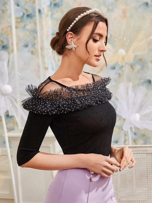 CM-TS899656 Women Elegant Seoul Style Layered Dobby Mesh Ruffle Trim Top - Black