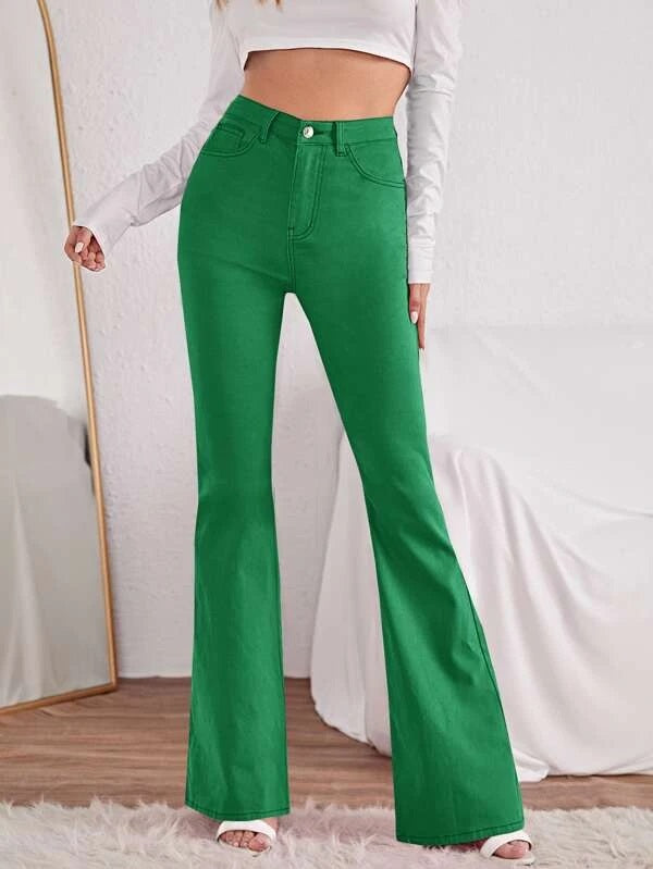 CM-BS077707 Women Casual Seoul Style High Waist Flare Leg Jeans - Green