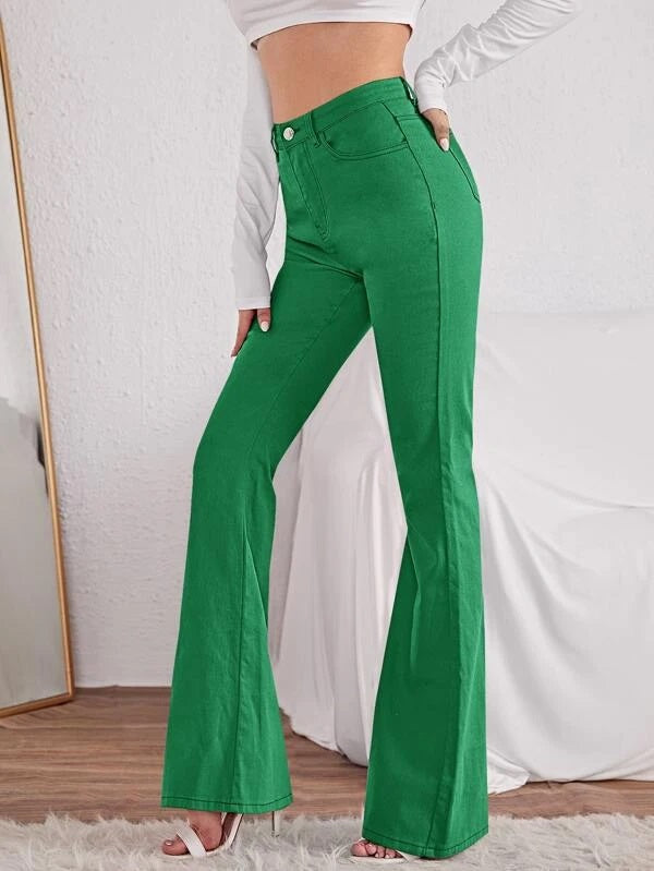 CM-BS077707 Women Casual Seoul Style High Waist Flare Leg Jeans - Green