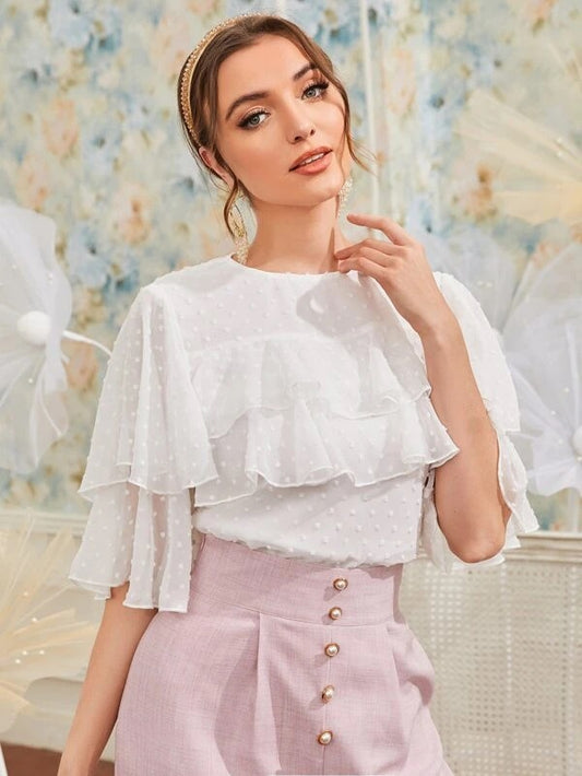 CM-TS305095 Women Elegant Seoul Style Round Neck Swiss Dot Ruffle Trim Top - White