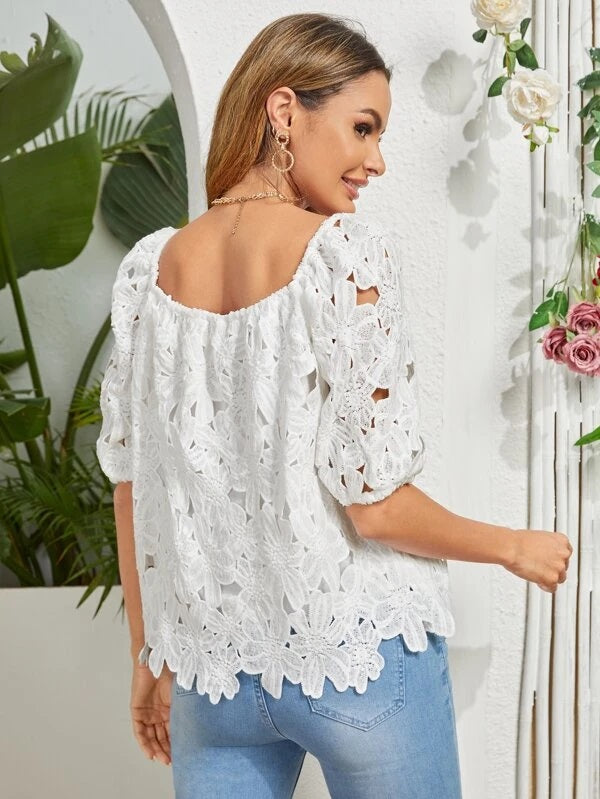 CM-TS283313 Women Trendy Bohemian Style Puff Sleeve Guipure Lace Top - White