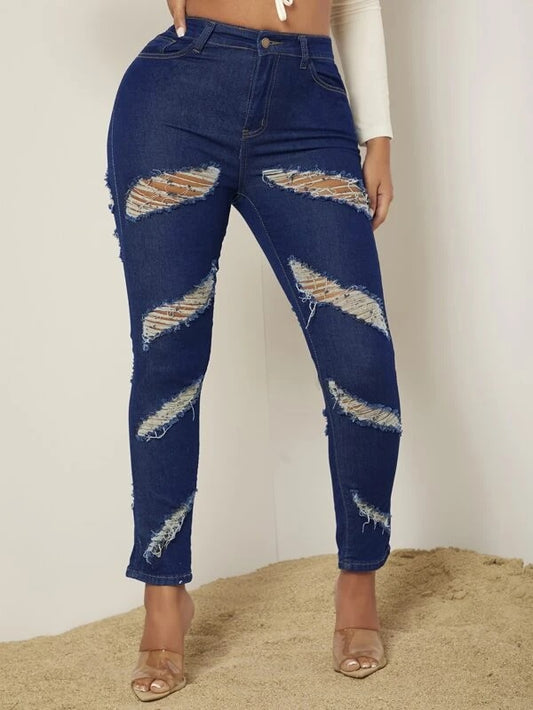 CM-BS222125 Women Casual Seoul Style Dark Wash High Waist Ripped Mom Fit Jeans