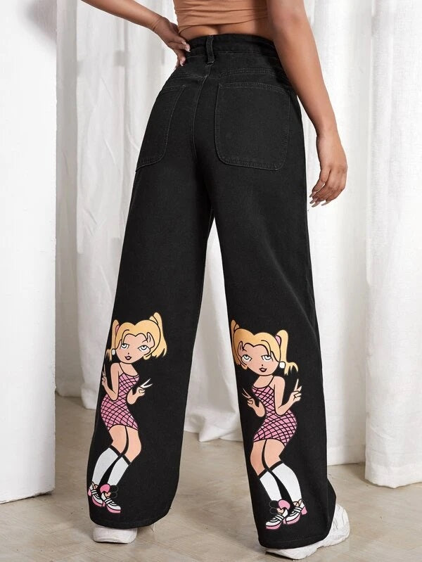 CM-BS931550 Women Casual Seoul Style Figure Graphic Boyfriend Jeans - Black