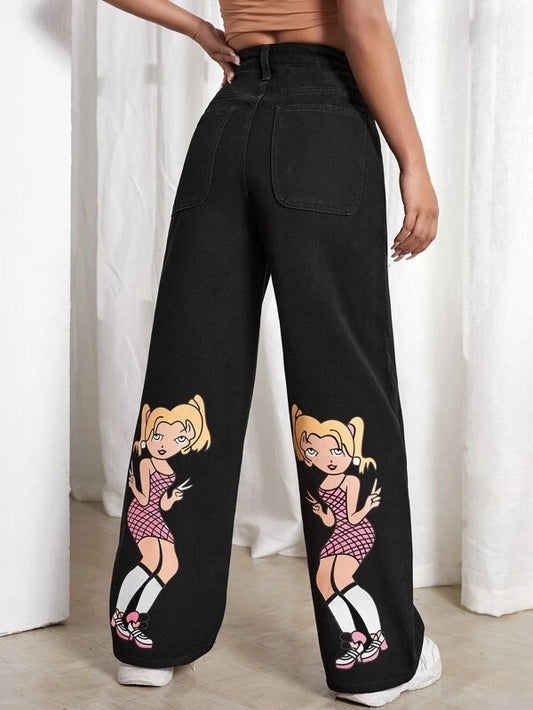 CM-BS931550 Women Casual Seoul Style Figure Graphic Boyfriend Jeans - Black