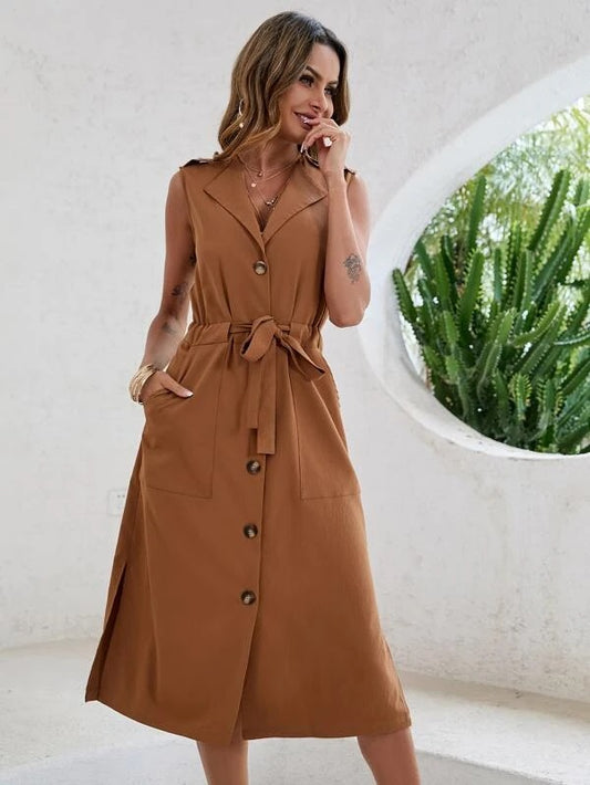 CM-CS460185 Women Casual Seoul Style Slant Pockets Slit Hem Drawstring Waist Trench Coat