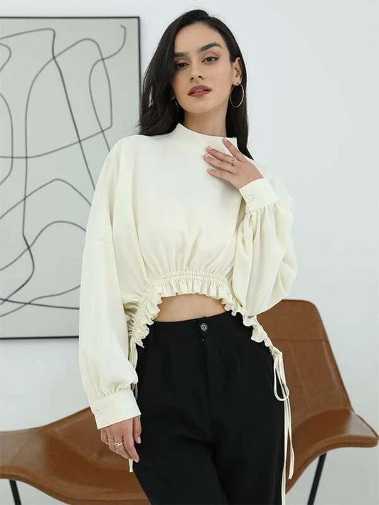 CM-TS642775 Women Casual Seoul Style Drop Shoulder Drawstring Ruffle Hem Blouse