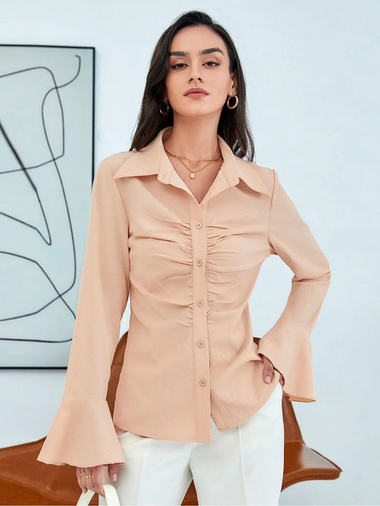 CM-TS564998 Women Casual Seoul Style Flounce Sleeve Ruched Button Through Blouse