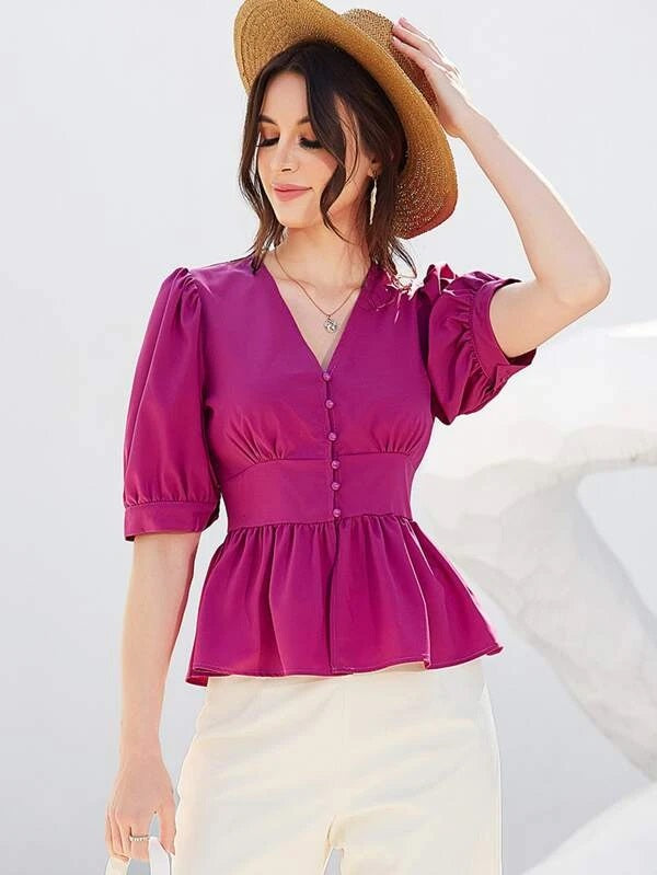 CM-TS358575 Women Elegant Seoul Style Puff Sleeve Peplum Hem Blouse