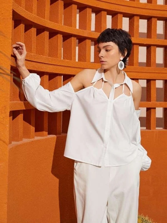CM-TS303309 Women Casual Seoul Style Cut Out Lantern Sleeve Blouse - White
