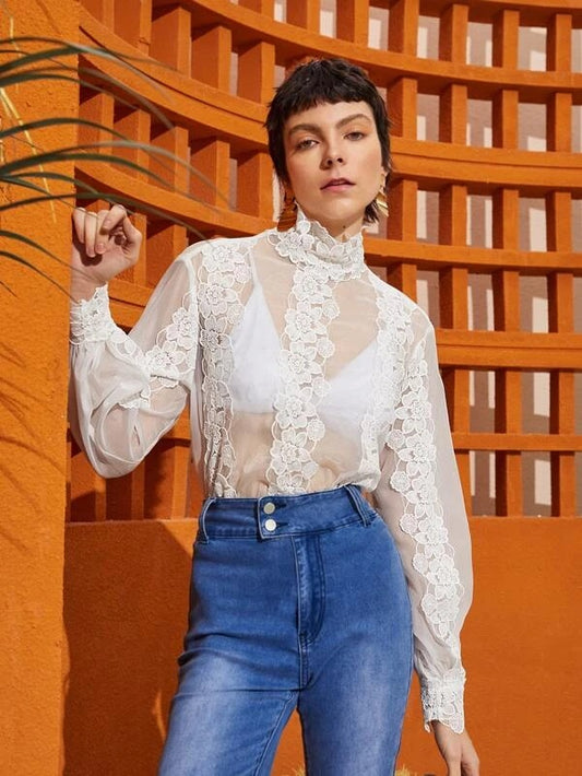 CM-TS612192 Women Elegant Seoul Style Floral Embroidery Lantern Sleeve Organza Top