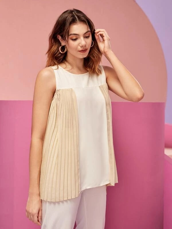 CM-TS883169 Women Casual Seoul Style Two Tone Pleated High Low Hem Blouse