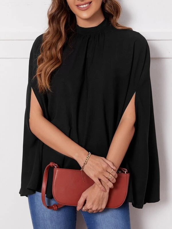 CM-TS254133 Women Elegant Seoul Style Mock Neck Cloak Sleeve Blouse - Black