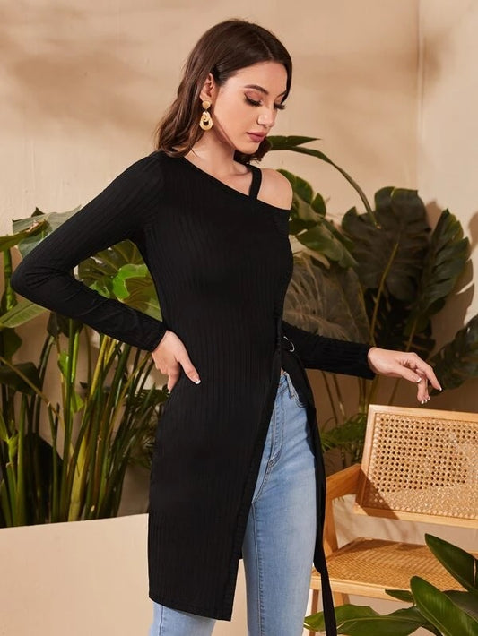 CM-TS591883 Women Casual Seoul Style Asymmetrical Neck Wrap Split Ring Rib-Knit Tee