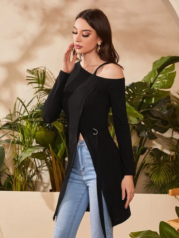 CM-TS591883 Women Casual Seoul Style Asymmetrical Neck Wrap Split Ring Rib-Knit Tee