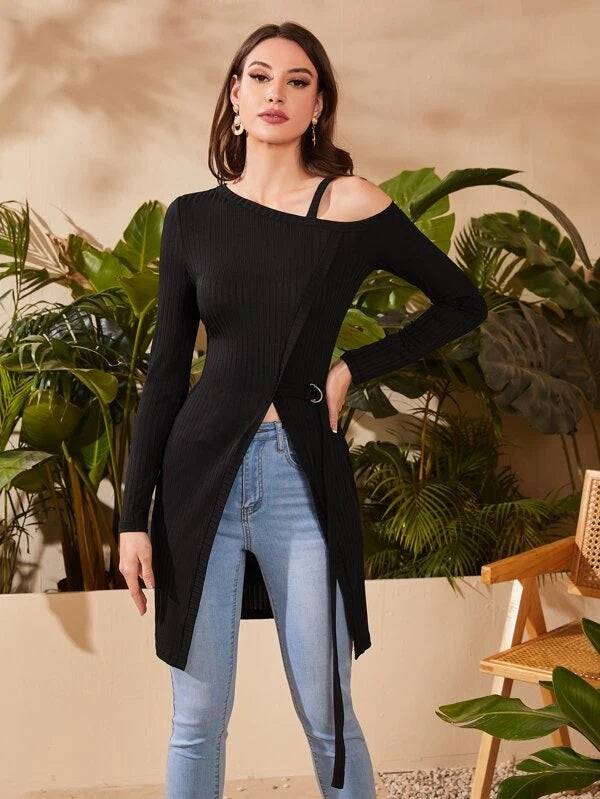 CM-TS591883 Women Casual Seoul Style Asymmetrical Neck Wrap Split Ring Rib-Knit Tee