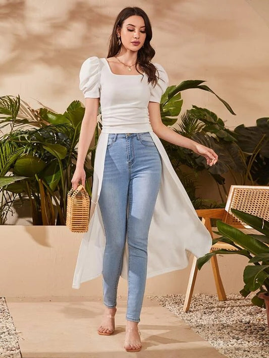 CM-TS491594 Women Elegant Seoul Style Square Neck Puff Sleeve High Low Top - White