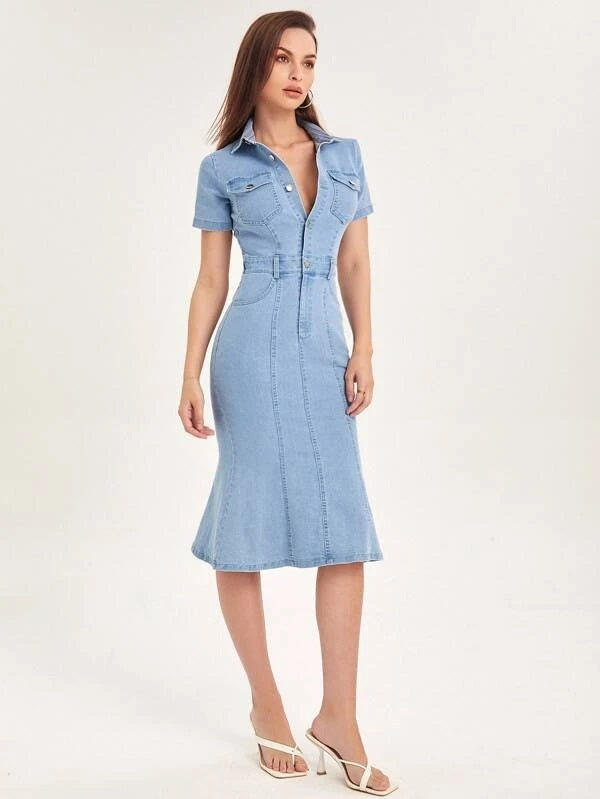 CM-DS352066 Women Casual Seoul Style Half Button Flap Pocket Mermaid Hem Denim Shirt Dress