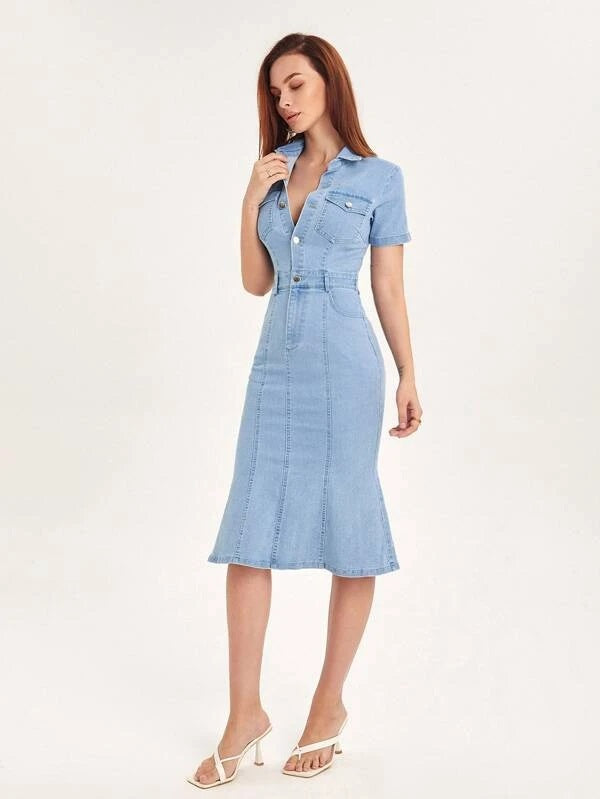 CM-DS352066 Women Casual Seoul Style Half Button Flap Pocket Mermaid Hem Denim Shirt Dress