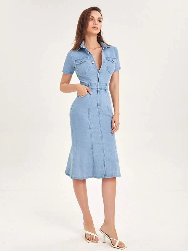 CM-DS352066 Women Casual Seoul Style Half Button Flap Pocket Mermaid Hem Denim Shirt Dress