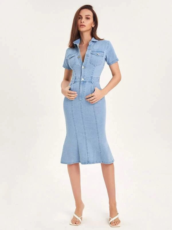 CM-DS352066 Women Casual Seoul Style Half Button Flap Pocket Mermaid Hem Denim Shirt Dress